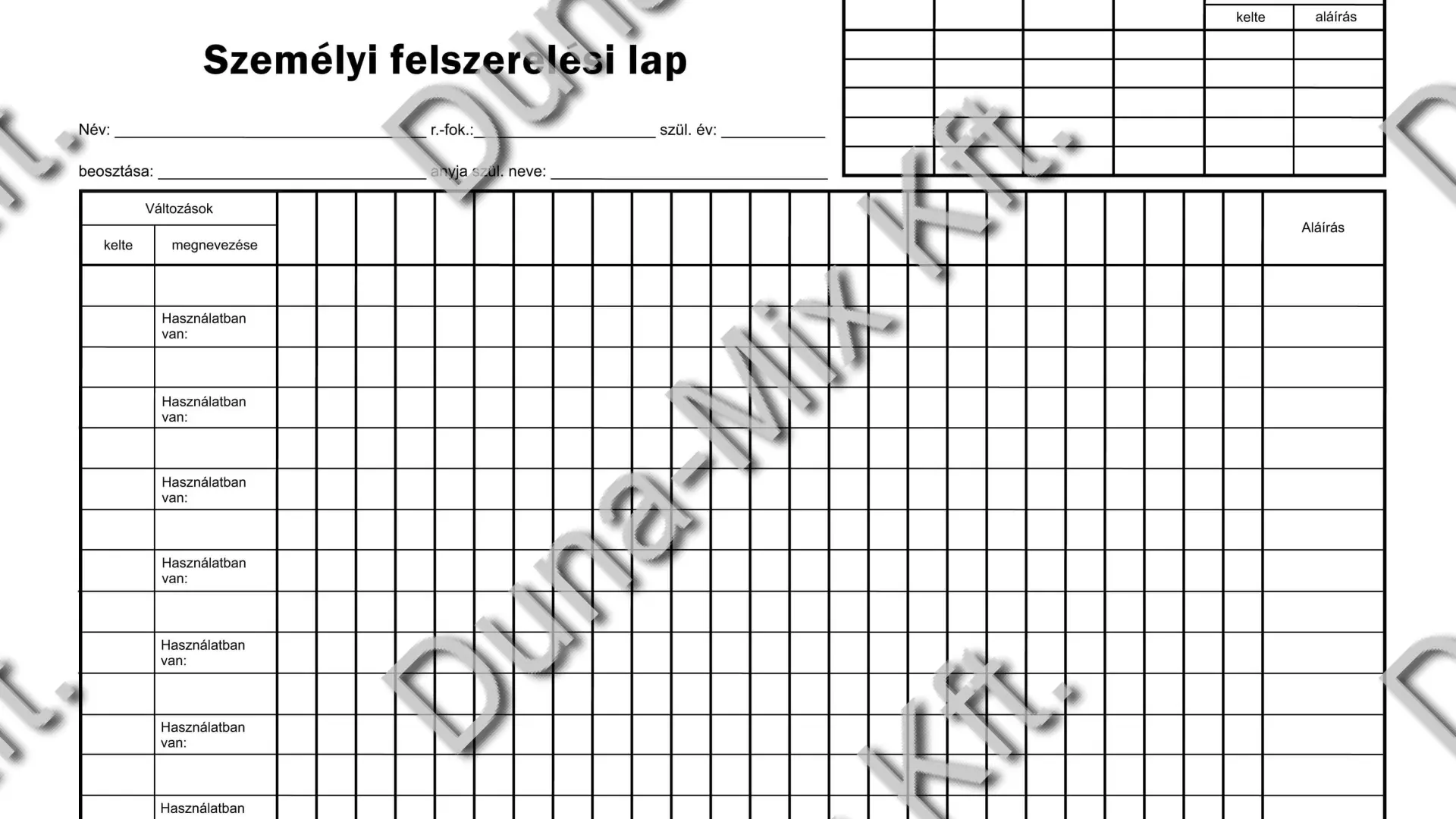 Személyi felszerelési lap